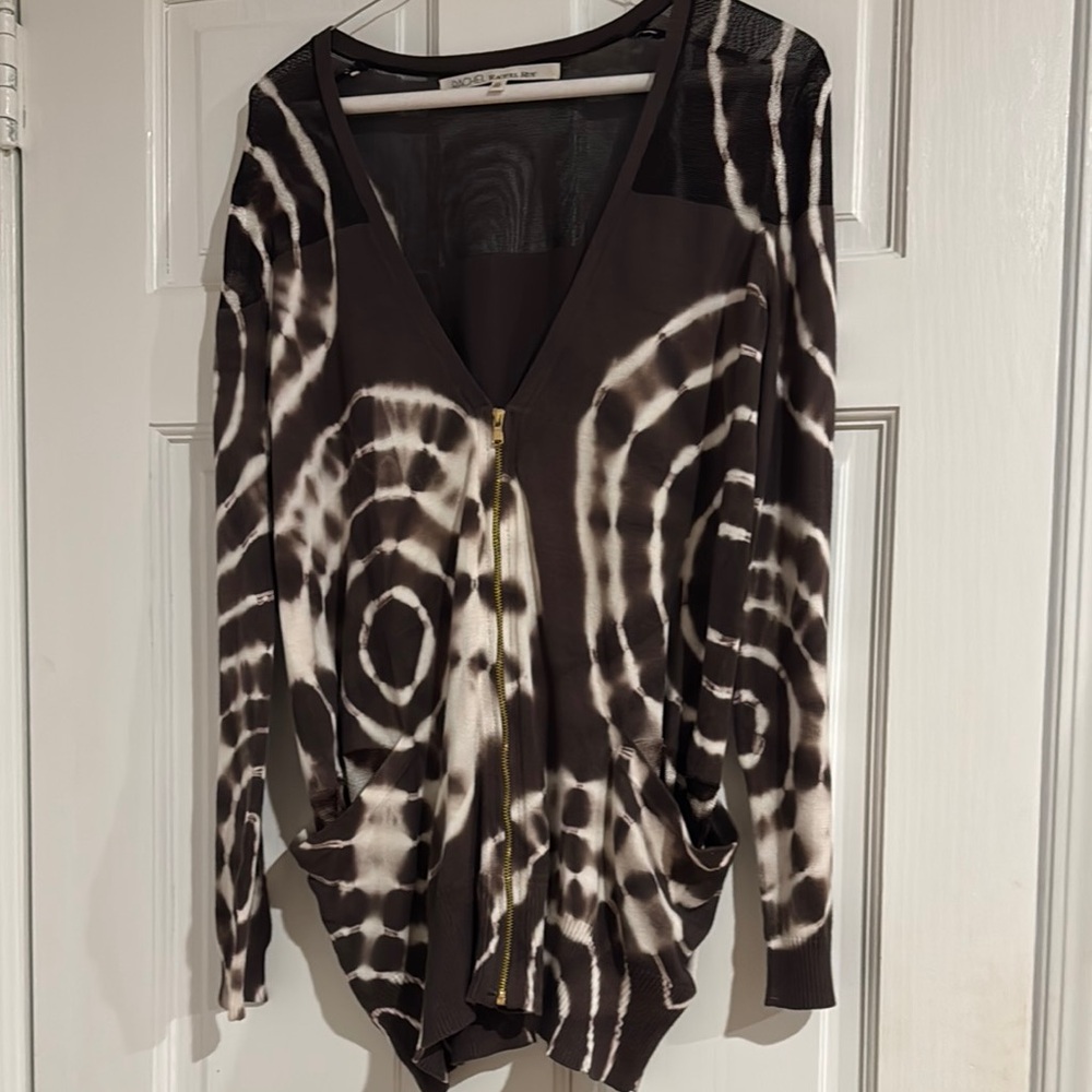 Brown and White Tie-Dye Zip-Up Cardigan